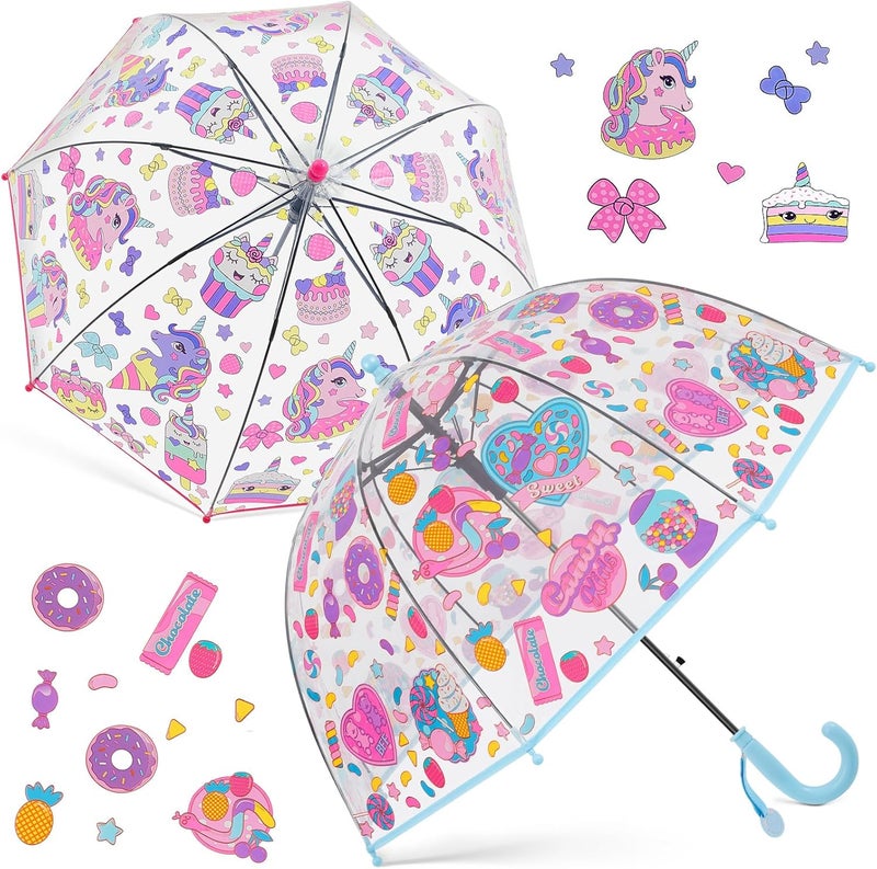 Fabbay 2 Pcs Kids Clear Bubble Umbrella Unicorn with Easy Grip Curved Handle Transparent Bubble Umbrella for Toddler Girls - Image 1
